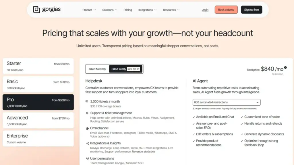 Gorgias pricing page showing ticket-volume pricing with Pro selected and AI Agent pricing options