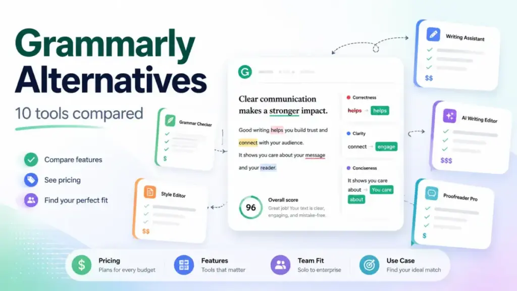 Grammarly alternatives featured image showing writing assistant tools, pricing, features, and use case comparison.