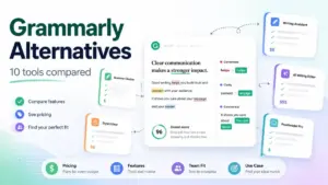 Grammarly alternatives featured image showing writing assistant tools, pricing, features, and use case comparison.