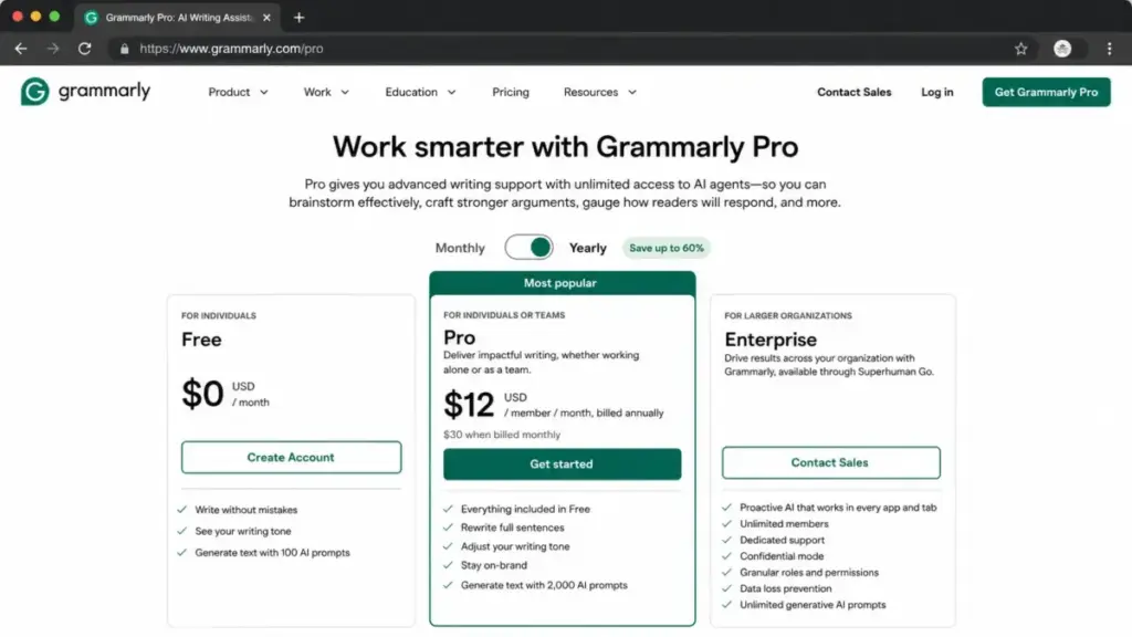 Grammarly Pro pricing page showing Free, Pro, and Enterprise plan options with annual and monthly rates.