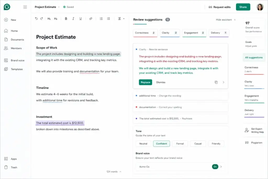 Grammarly Pro writing assistant mockup showing rewrite suggestions, tone adjustments, and brand voice guidance.