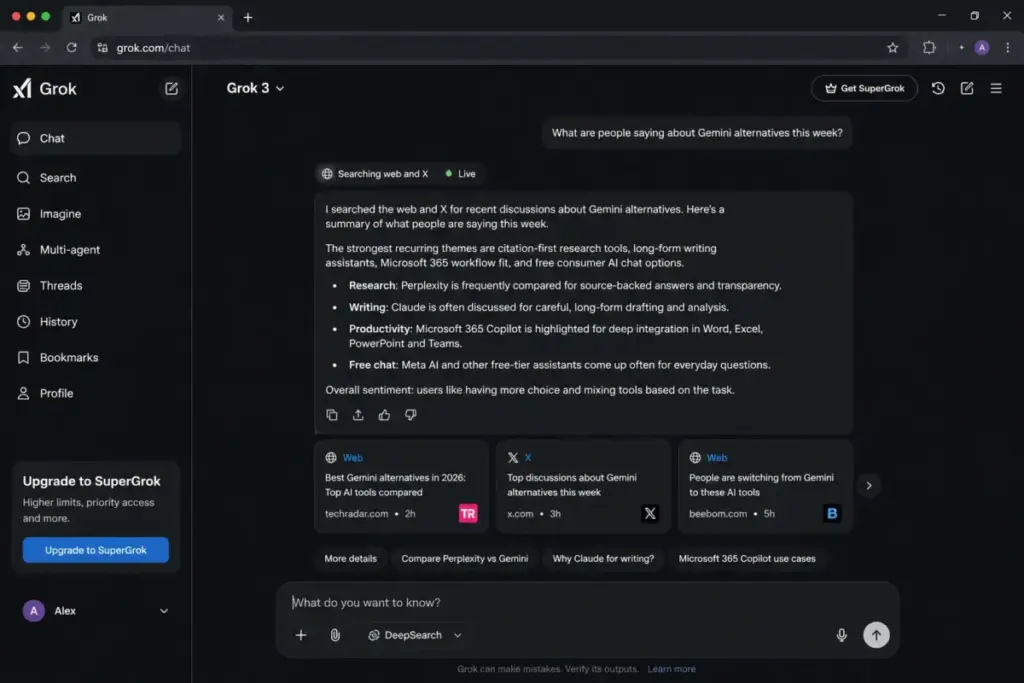 Grok chat interface showing real-time web and X results for Gemini alternatives.