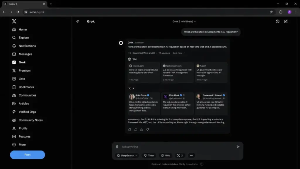 Grok chat interface mockup showing real-time web and X search results in a conversation.