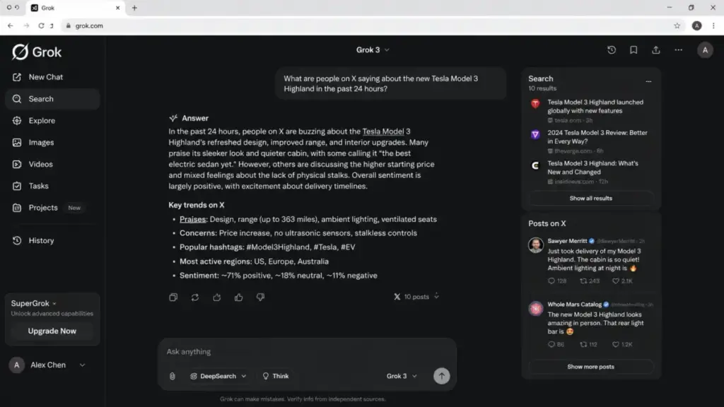 Grok interface showing real-time search results, X source attribution, trend summary, and posts from X in a dark-mode AI chat layout.