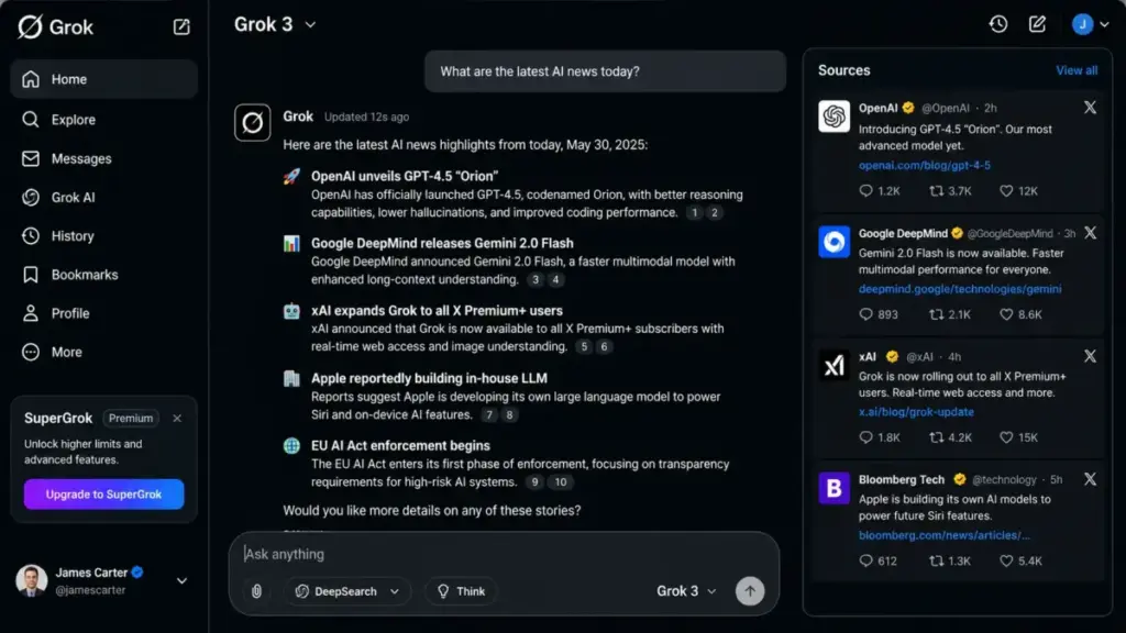 Screenshot-style mockup of the Grok interface showing real-time AI news summaries with X post sources in a dark-mode layout.