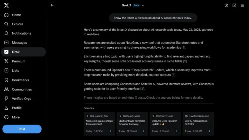 Screenshot-style mockup of the Grok interface showing real-time X search results, cited summary text, and source cards for AI research tool discussions.