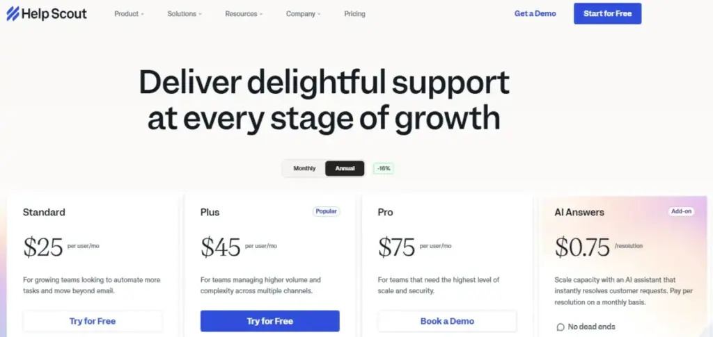 Help Scout pricing page showing Standard, Plus, Pro, and AI Answers pricing plans