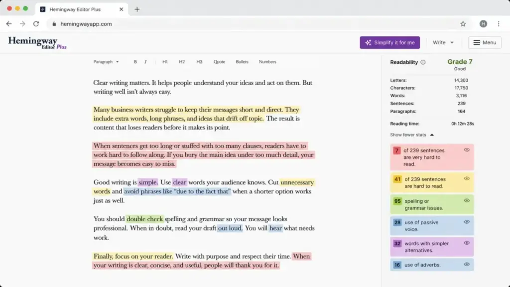 Hemingway Editor Plus interface showing readability score, color-coded sentence highlights, and writing issue analysis.