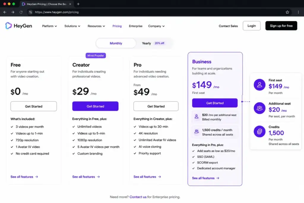 HeyGen Business plan pricing card showing $149 per month and 1,500 shared credits