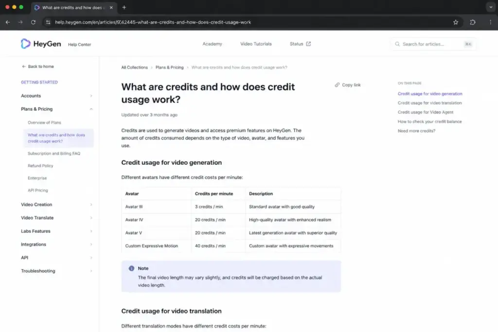 HeyGen credit usage mockup showing Avatar III and Avatar IV credit costs