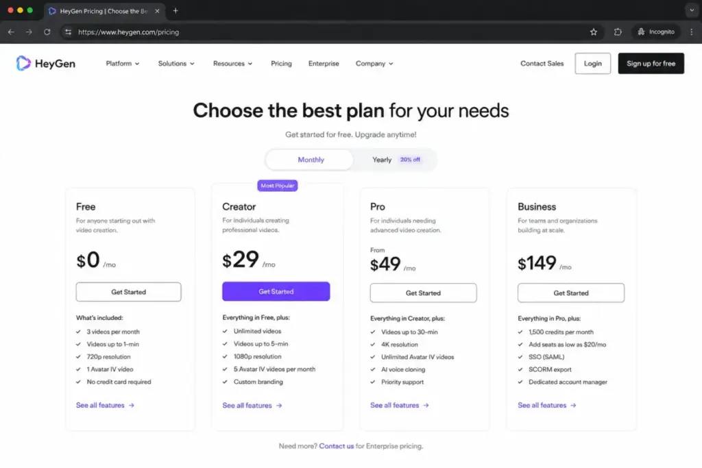 HeyGen pricing page mockup showing Free, Creator, Pro, and Business plans