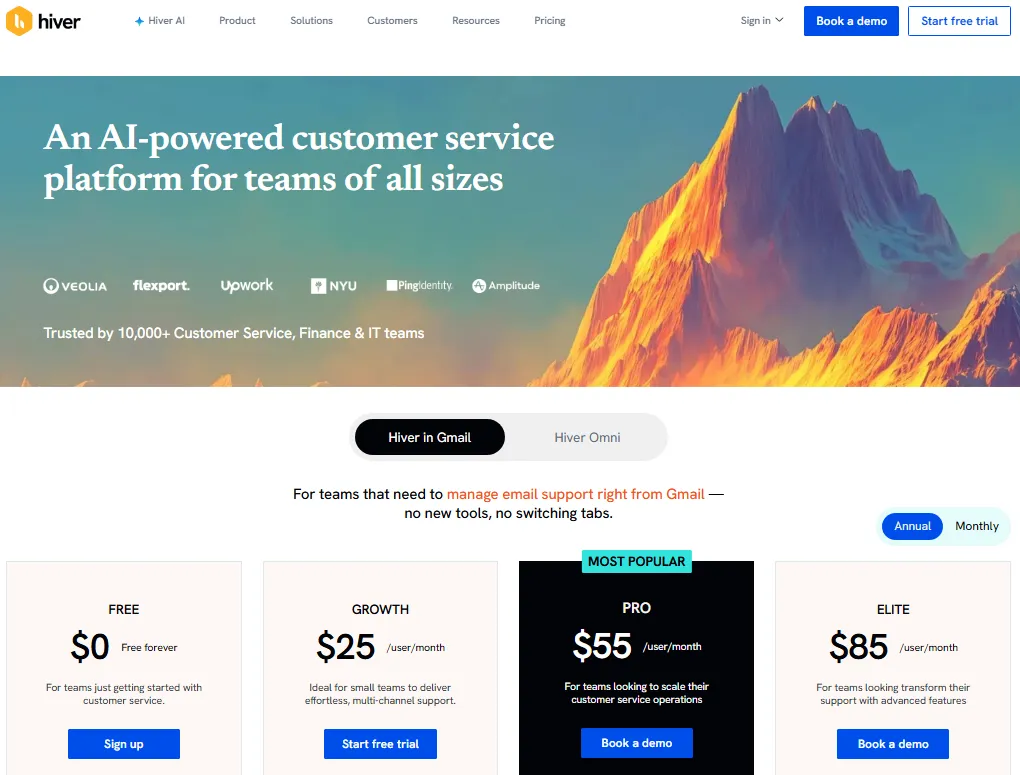 Hiver pricing page showing Free, Growth, Pro, and Elite annual plans for Gmail-based customer service teams