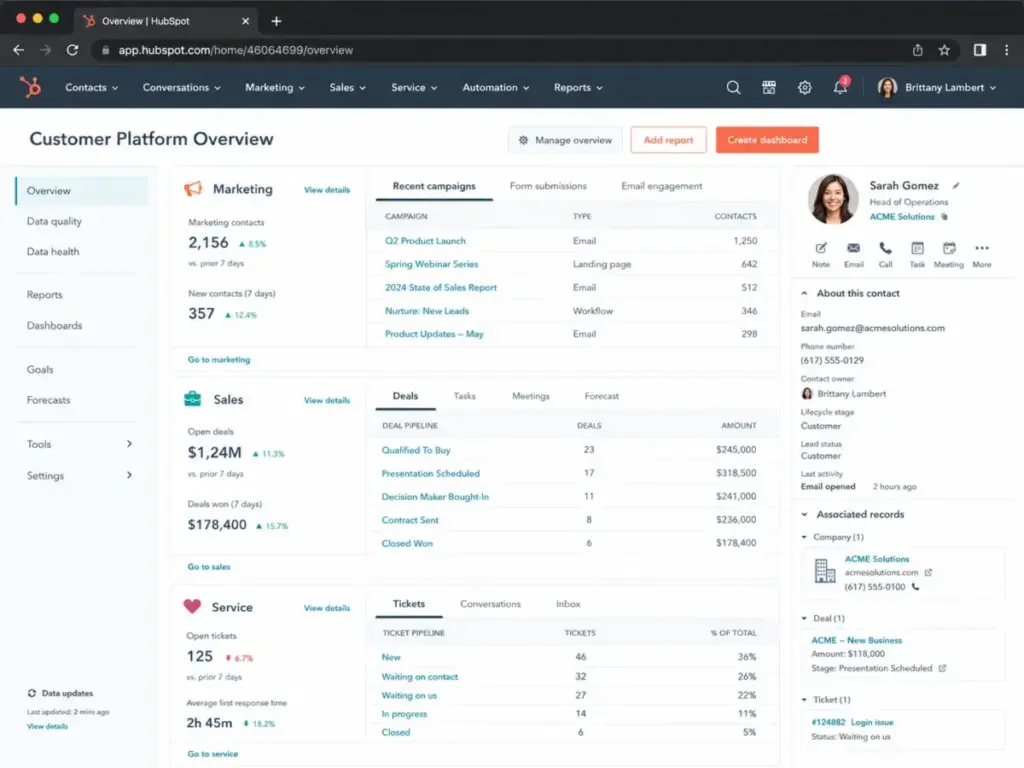 HubSpot CRM overview showing connected sales marketing and service hubs