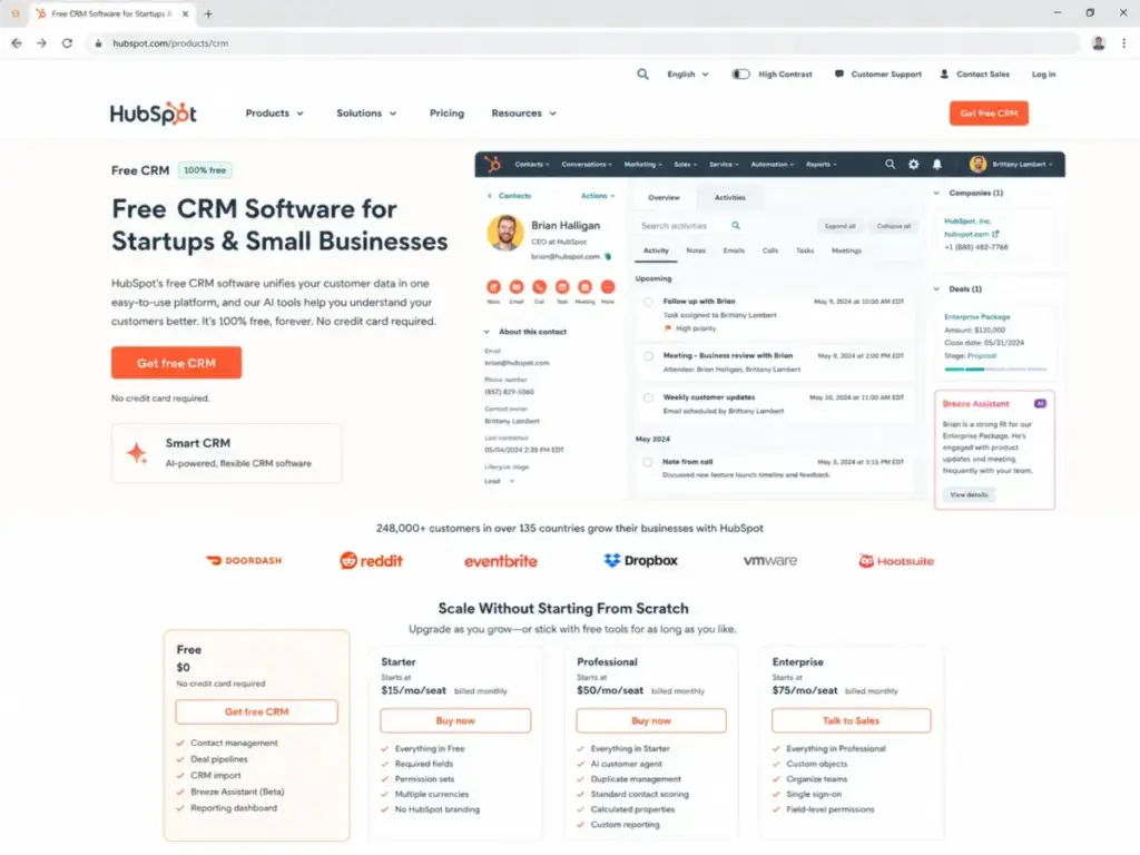 HubSpot CRM product page showing free tier and Smart CRM positioning