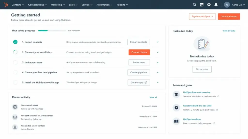 HubSpot free CRM onboarding dashboard showing setup progress, initial CRM setup steps, tasks due today, and learning resources.