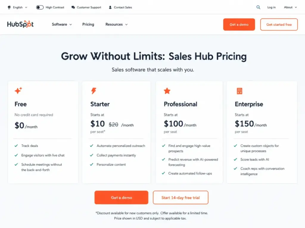 HubSpot Sales Hub pricing page showing Free, Starter, Professional, and Enterprise plans in 2026