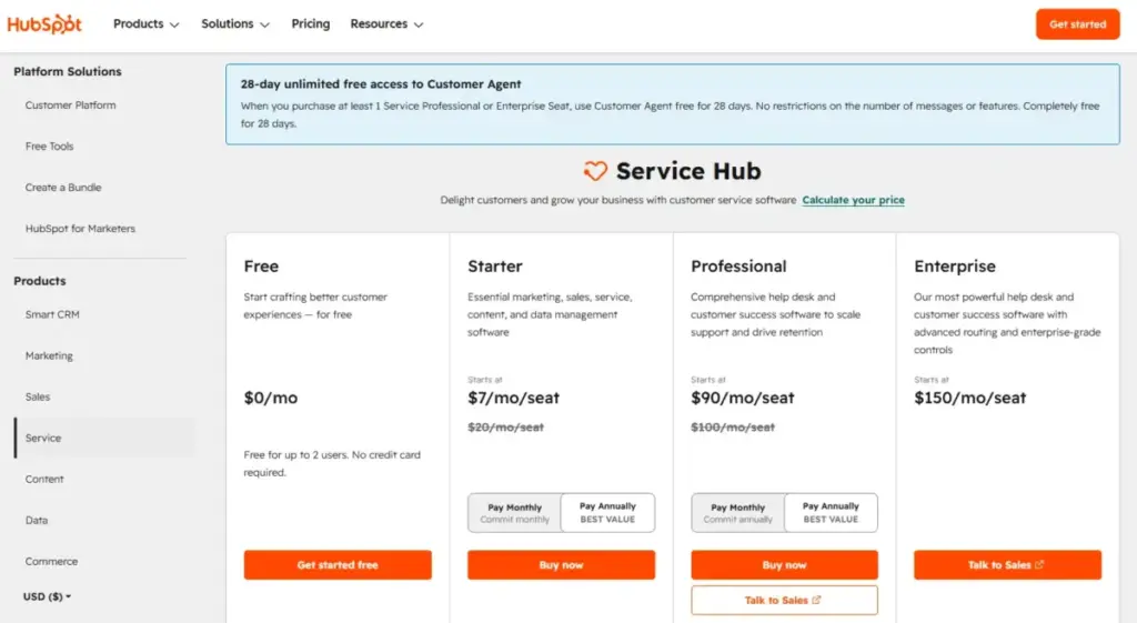 HubSpot Service Hub pricing page showing Free, Starter, Professional, and Enterprise plans