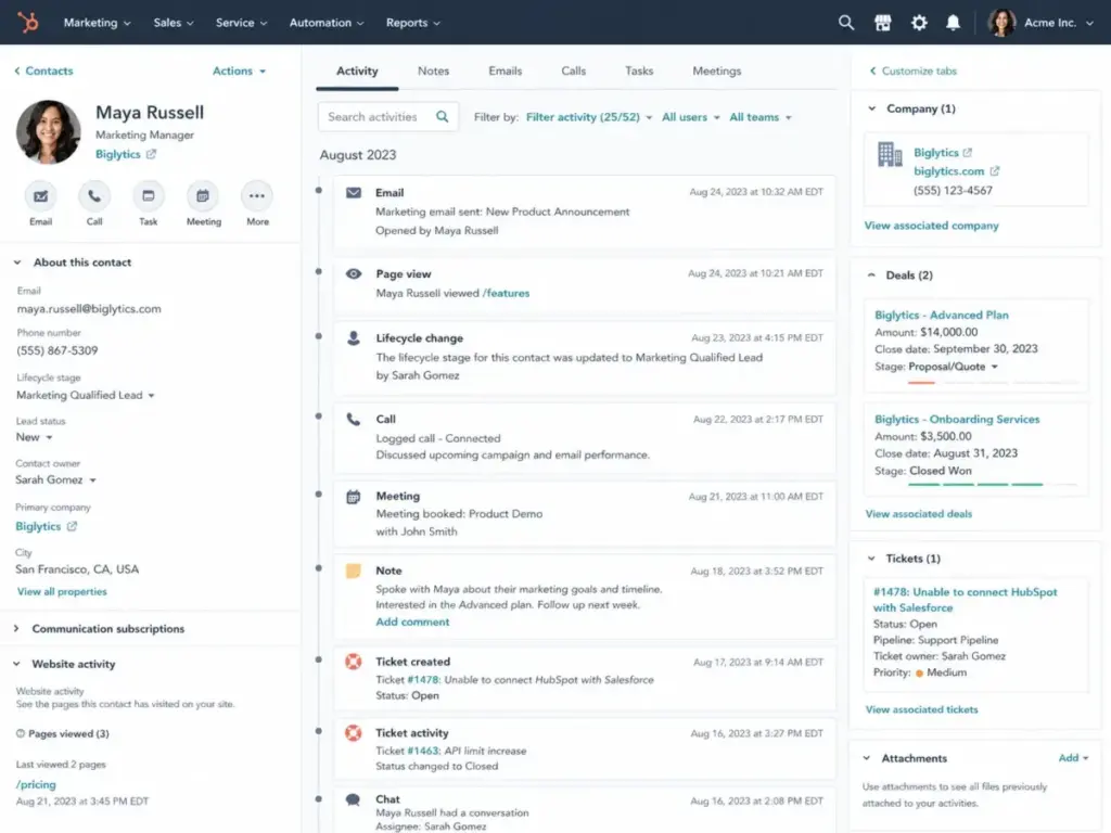 HubSpot Smart CRM dashboard showing a unified contact record with marketing emails, sales calls, meetings, deals, and support tickets in one timeline.
