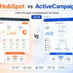 HubSpot vs ActiveCampaign 2026 comparison image showing CRM dashboards, pricing cards, automation workflows, and reporting for US teams.