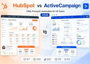 HubSpot vs ActiveCampaign 2026 comparison image showing CRM dashboards, pricing cards, automation workflows, and reporting for US teams.