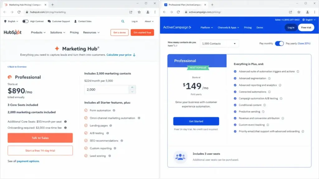 HubSpot Marketing Hub Professional vs ActiveCampaign Professional pricing plan comparison with features, seats, and contact limits.