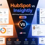 HubSpot vs Insightly 2026 CRM comparison graphic showing pricing, features, buyer fit, dashboards, sales pipelines, and USA market focus.