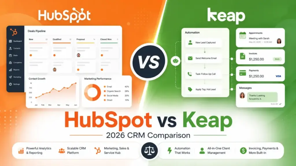 HubSpot vs Keap 2026 CRM comparison showing pricing, automation, analytics, invoicing, payments, and business workflow differences