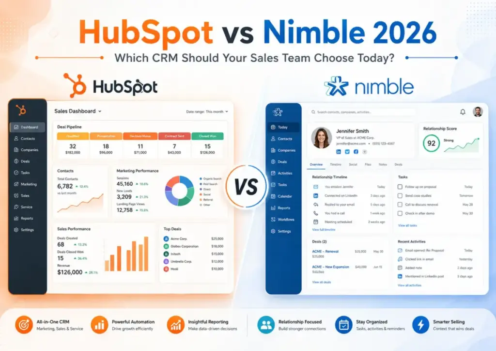 HubSpot vs Nimble 2026 CRM comparison dashboard for sales teams