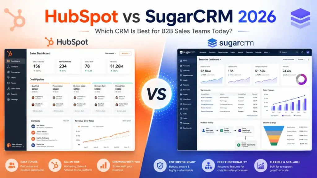 HubSpot vs SugarCRM 2026 featured image comparing CRM dashboards for B2B sales teams