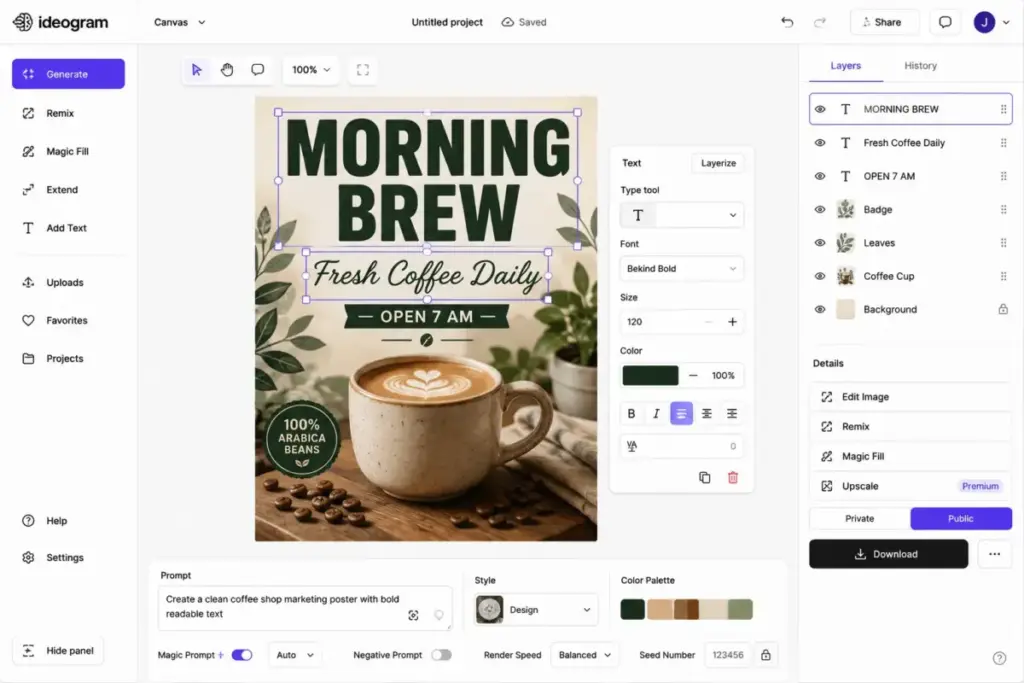 Ideogram interface showing an AI-generated marketing poster with editable text layers