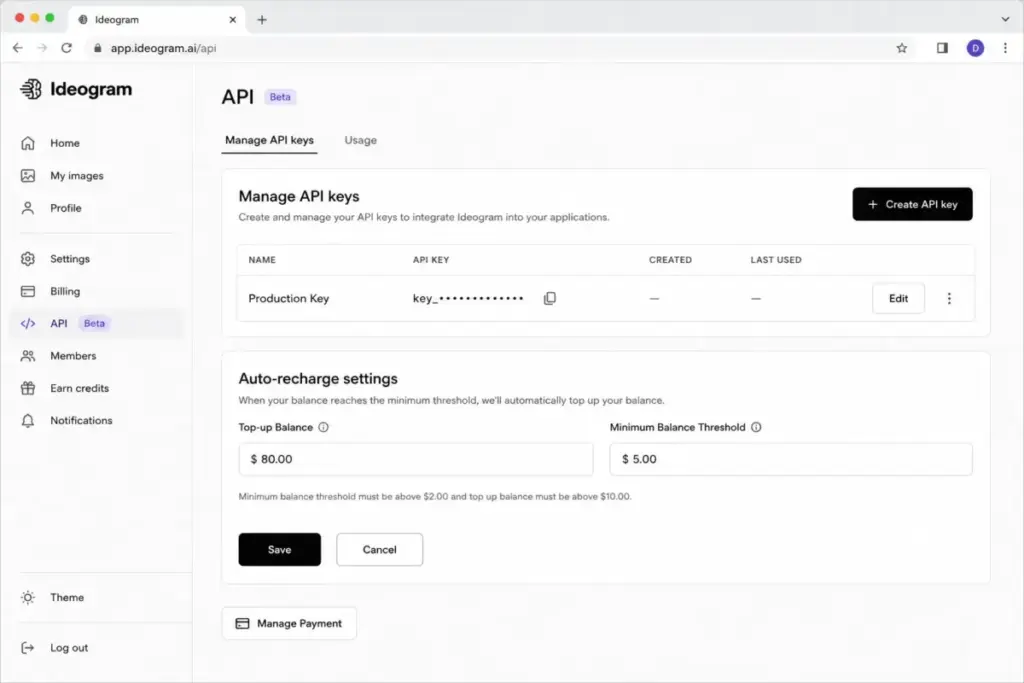 Ideogram API dashboard mockup showing auto-recharge settings with top-up balance and minimum balance threshold fields.