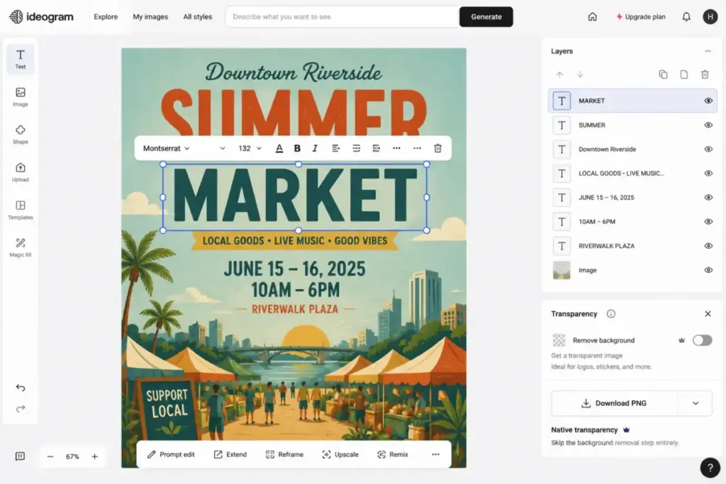 Ideogram editor mockup showing a poster design with editable text layers, selected headline text, and transparency options.
