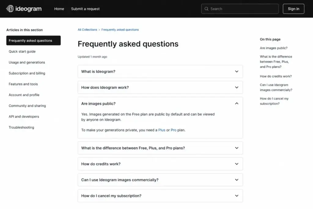 Ideogram FAQ mockup explaining that Free plan images are public by default and private generation requires Plus or Pro.
