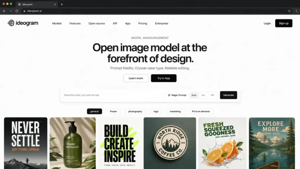 Ideogram homepage mockup showing AI image generation prompt box, Magic Prompt controls, and text-in-image sample gallery.