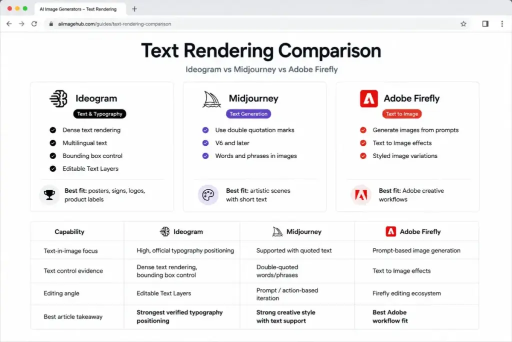Comparison graphic showing Ideogram, Midjourney, and Adobe Firefly text rendering capabilities side by side.