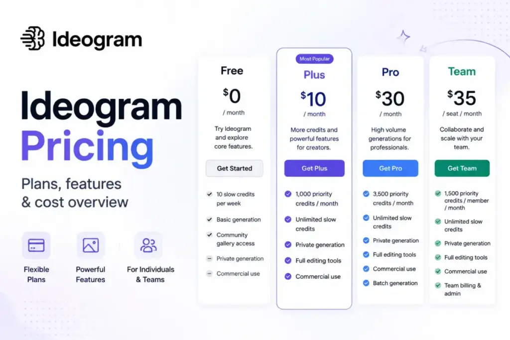 Ideogram Pricing featured image with pricing plan cards for Free, Plus, Pro, and Team.