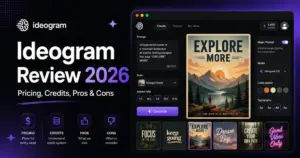 Ideogram Review 2026 featured image showing the AI image generator interface with pricing, credits, pros, and cons highlights.