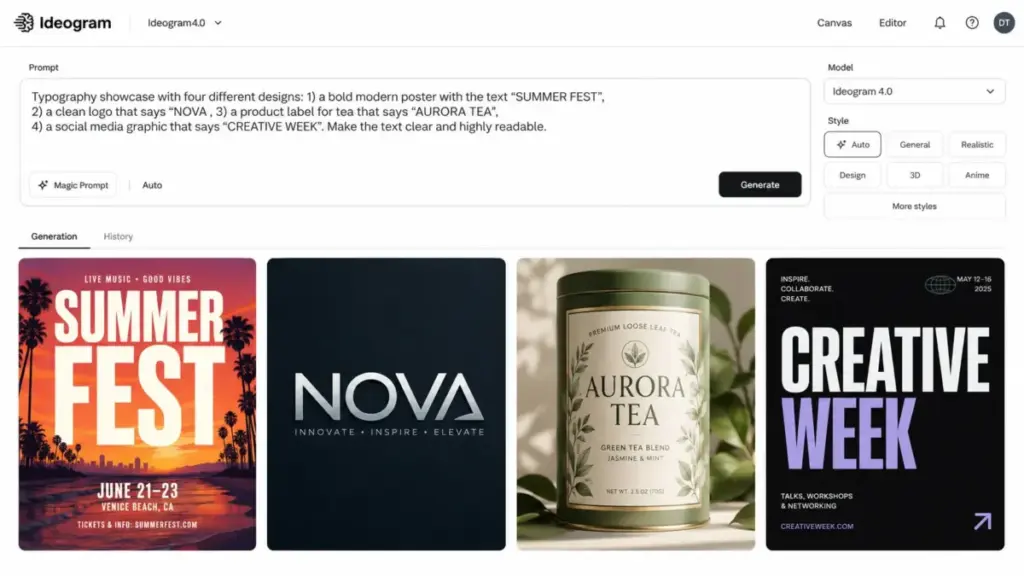 Ideogram typography and text rendering interface showing AI-generated posters and logo designs