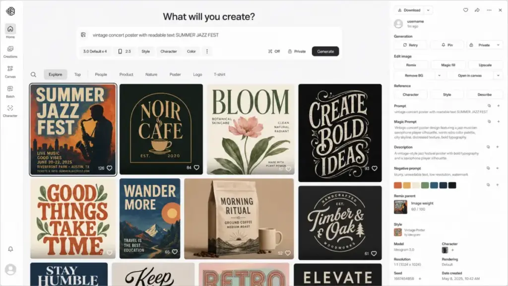 Ideogram workspace mockup showing text-in-image generation, typography poster outputs, prompt box, image gallery, and editing details panel.