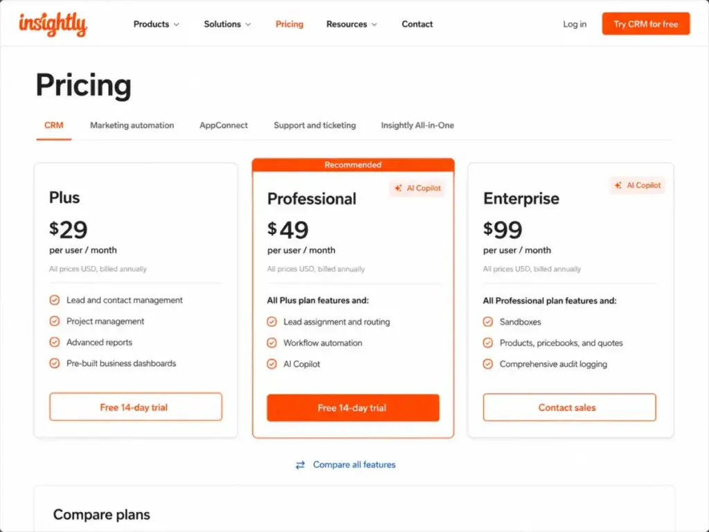 Insightly CRM pricing page showing Plus, Professional, and Enterprise plans with annual billing prices of $29, $49, and $99 per user per month.
