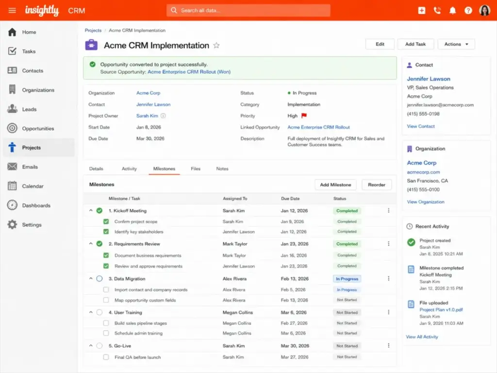 Insightly project management interface showing an opportunity converted into a project with milestones, tasks, linked contact, organization, and recent activity.