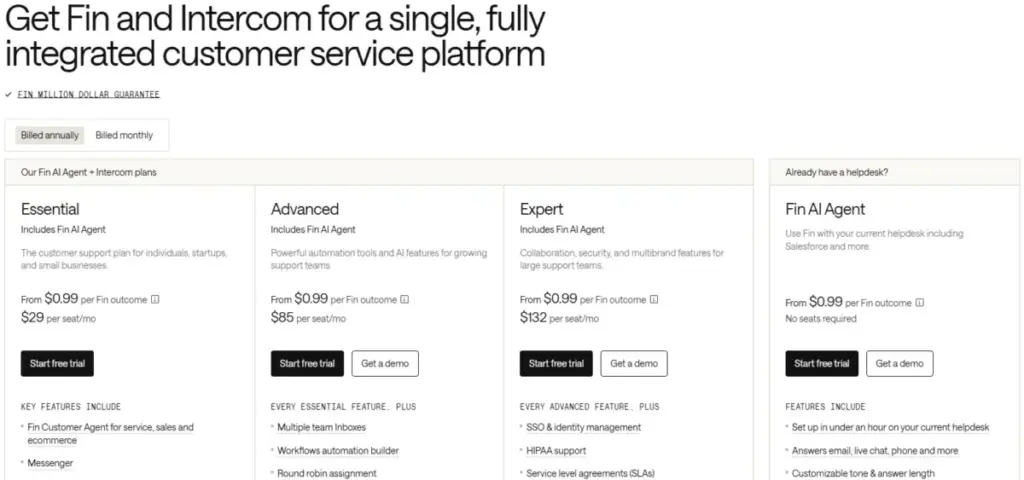 Intercom pricing page showing Essential, Advanced, Expert, and Fin AI Agent pricing plans