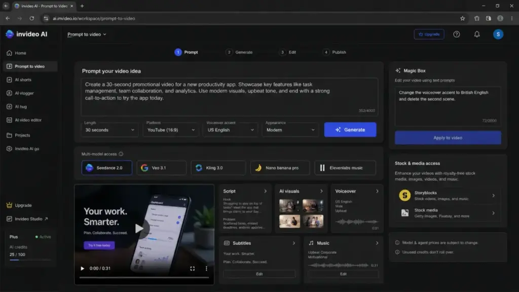 invideo AI prompt-to-video interface mockup showing video idea prompt, multi-model access, Magic Box editing, and generated video workflow