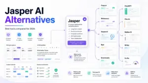 Jasper AI Alternatives featured image showing Jasper compared with Copy.ai, ChatGPT, Writesonic, Claude, Anyword, Notion AI, Rytr, Writer, Grammarly, and Surfer.