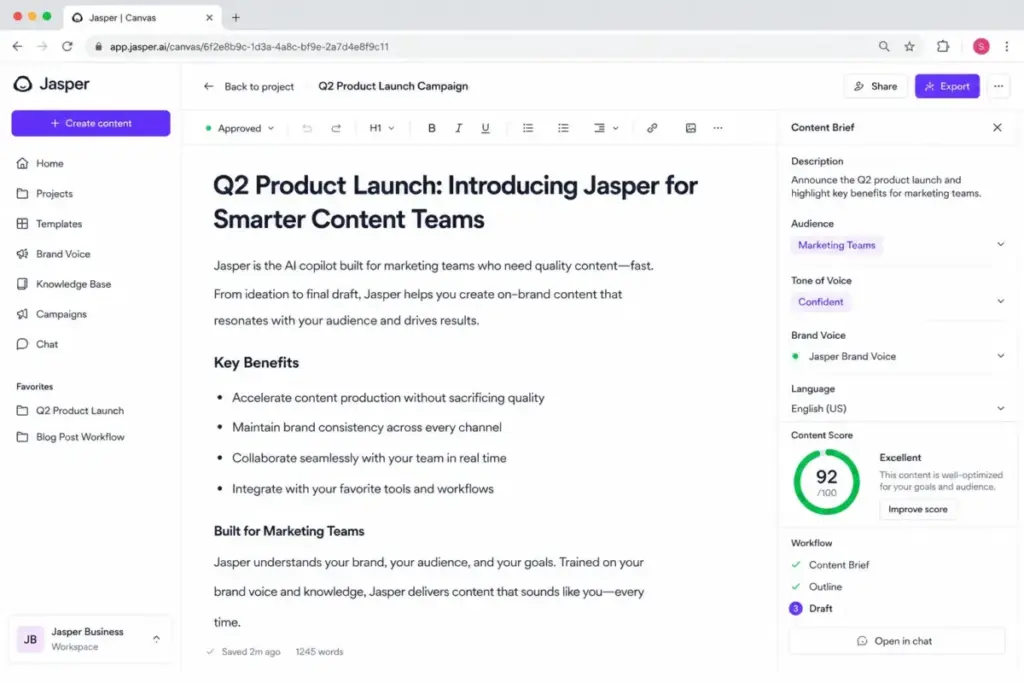 Jasper AI Canvas interface showing brand voice, campaign assets, audience settings, and content workflow tools.