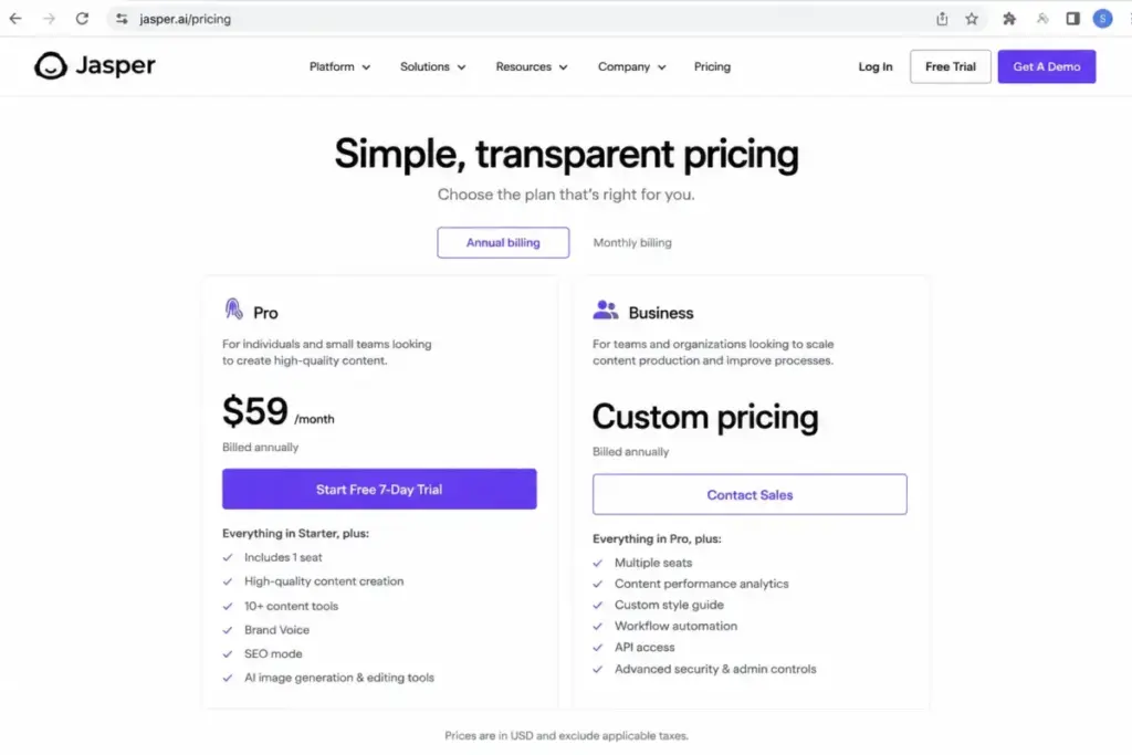 Jasper AI pricing page mockup showing Pro plan at $59 per month and Business custom pricing.