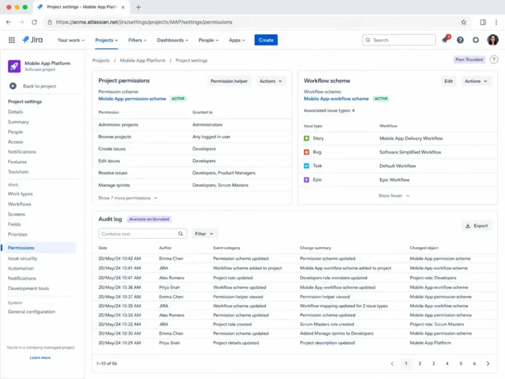 Jira admin panel showing project permissions, workflow scheme settings, and audit log access on the Standard plan