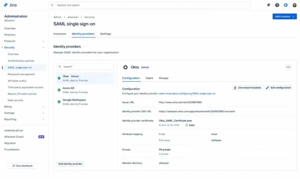 Jira admin interface showing SAML single sign-on security settings with identity providers