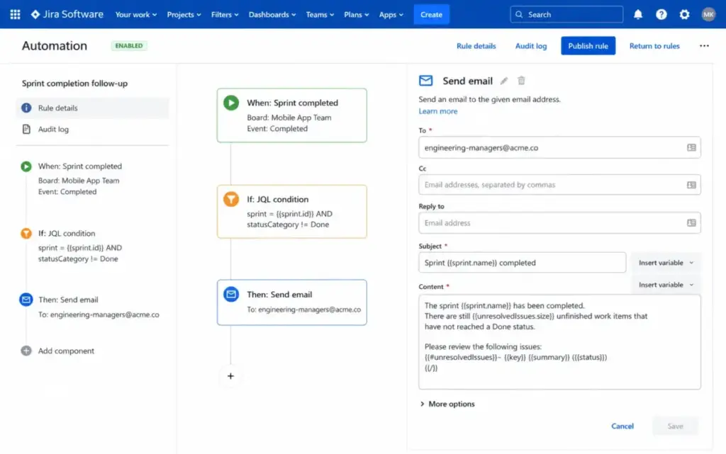 Jira automation rule builder showing sprint completed trigger, JQL condition, and send email action
