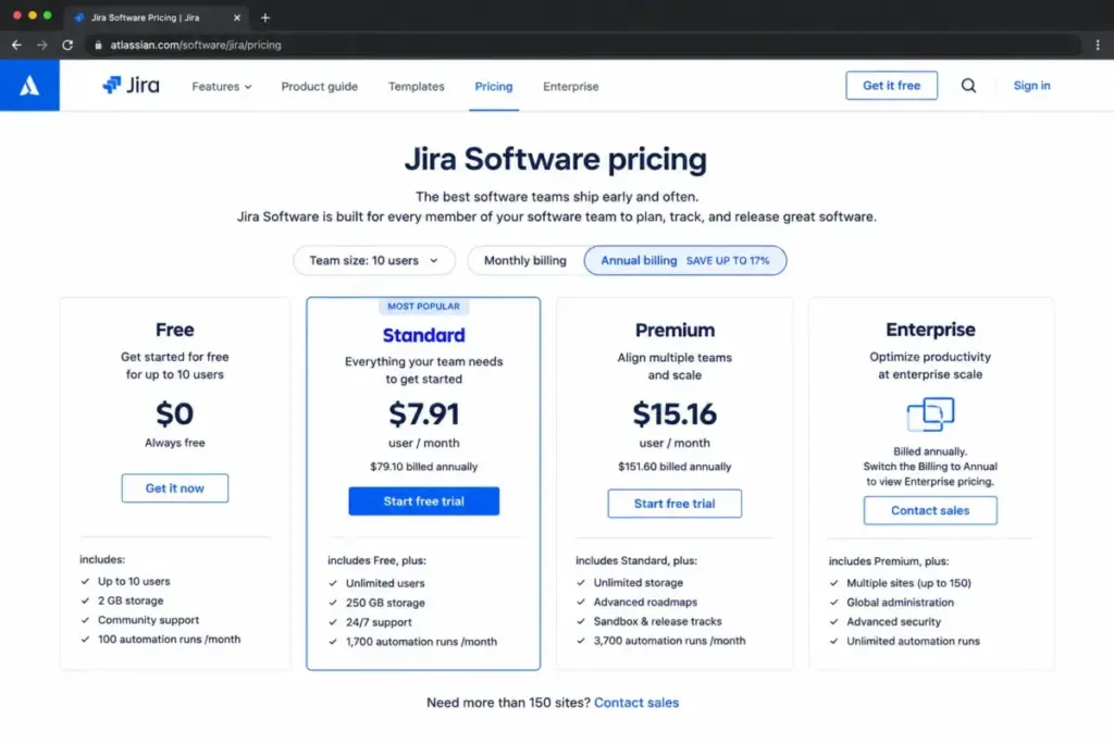 Screenshot-style mockup of Jira pricing page showing Free for 10 users and Standard at $7.91/user/month